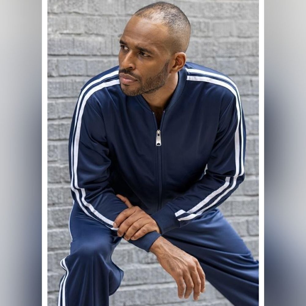 MEN'S MONTIQUE NAVY 2 PIECE SPORT TRACK SUIT WITH DOUBLE SIDE STRIPE. JS26.